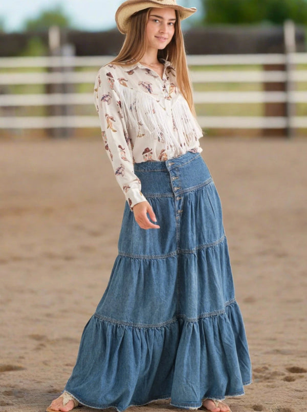 Kayce Tiered Denim Skirt - Cinderella Ranch Boutique