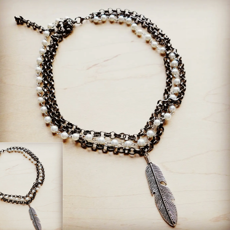 Pearl & Chain Feather Necklace - Cinderella Ranch Boutique