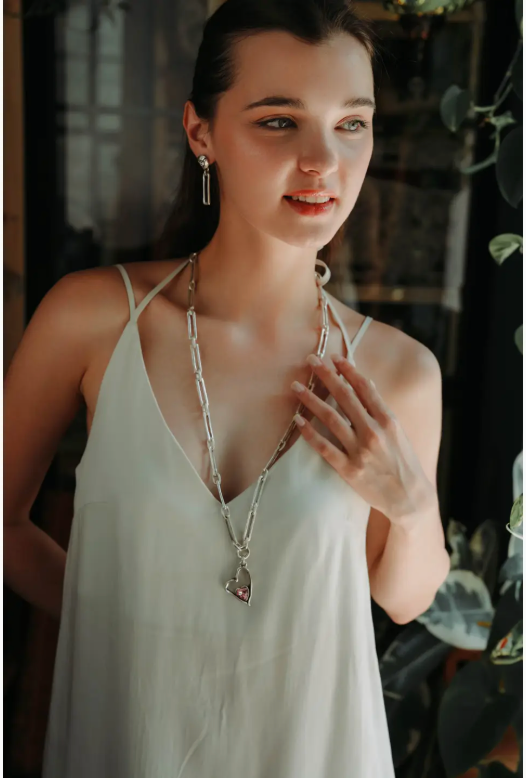 Love More Pink Heart Pewter Necklace